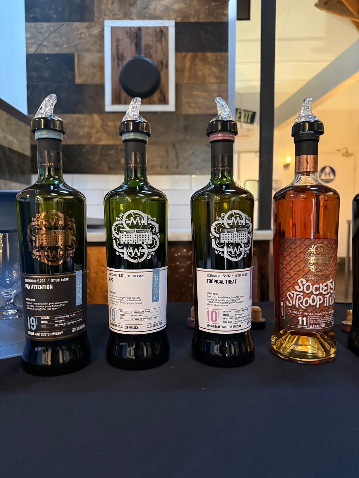 SMWS bottles Pay Attention, Ripe, Tropical Treat and Stroop it Up on the tasting table